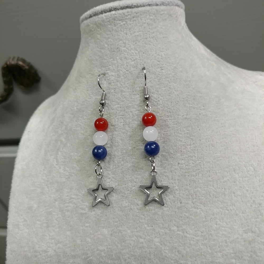 Natural Gemstone Star Earrings Surgical Stainless-Steel Carnelian Jade Sodalite - Picture 7 of 12